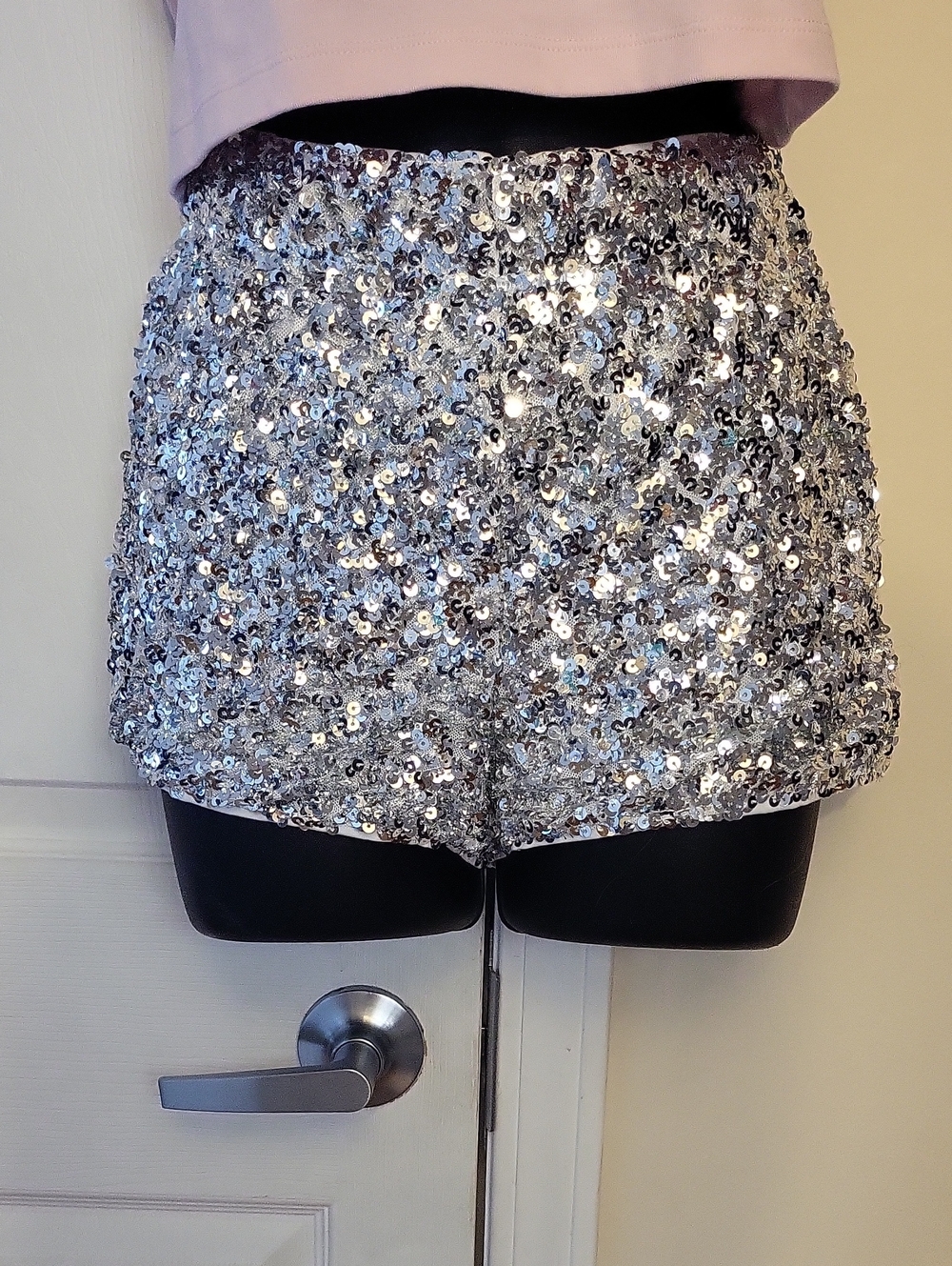 Elastic Waist Silver Sequin Shorts